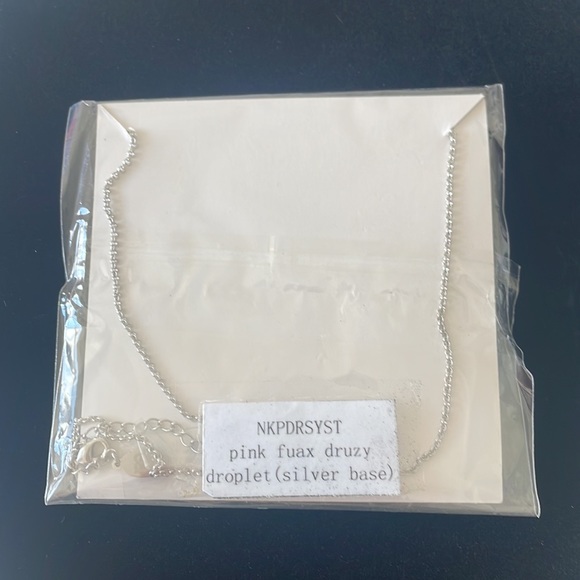 Pink Faux Druzy Droplet Silver Base Necklace - Fairy Sparkle Square Pendant - Picture 2 of 6